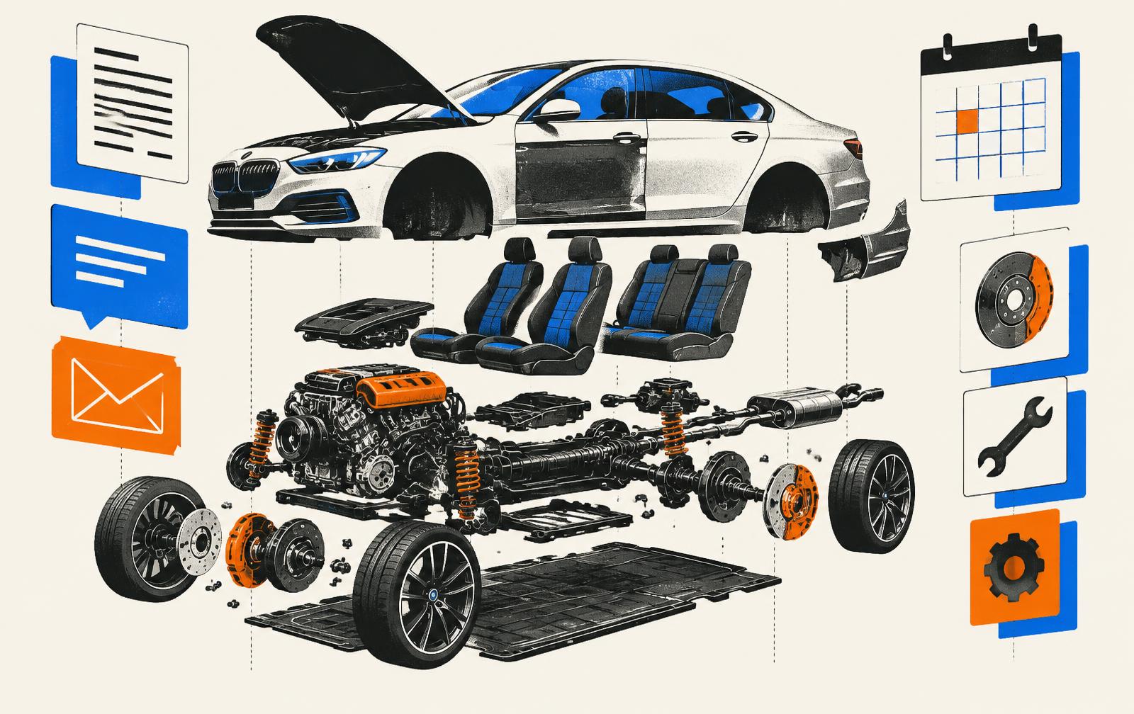 Exploded automotive illustration with document and scheduling symbols