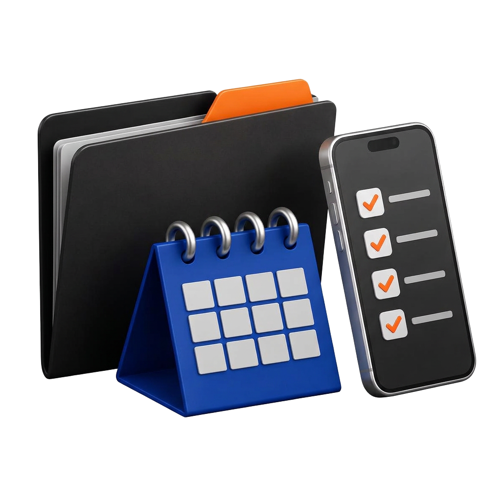 Isometric folder, calendar, and checklist phone